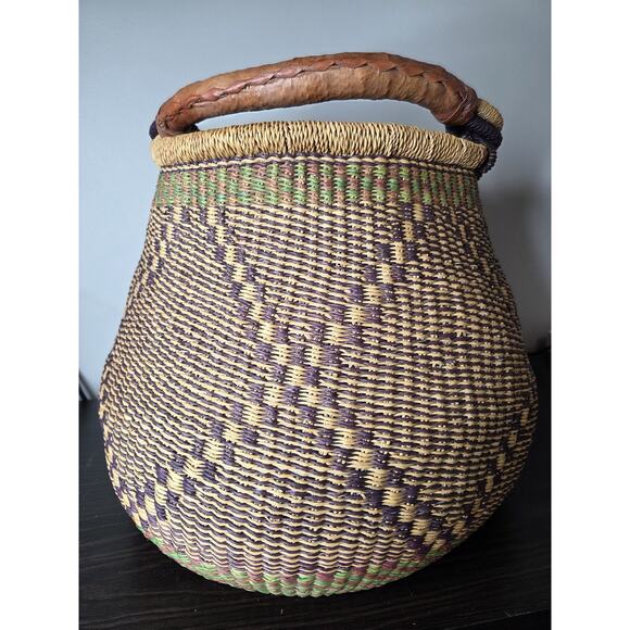 African Traditional Bolga Basket Large 13" Tall & 11" Wide Top 15" At Largest - Picture 3 of 6